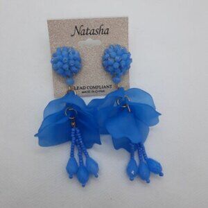 NEW Natasha Floral Drop Petals Pale Blue Post Pierced Earrings Lightweight 3 In